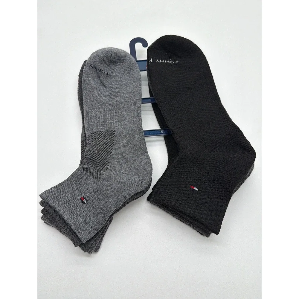 Tommy Hilfiger Mens Quarter Crew Socks 5 Pair Pack Black Grey Performance Logo